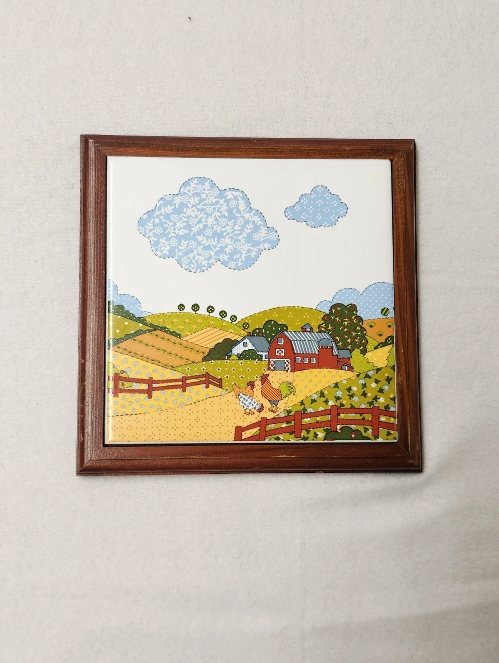 VTG Potpourri Press Wood Framed Ceramic Tile Trivet Art Farm Landscape Chickens